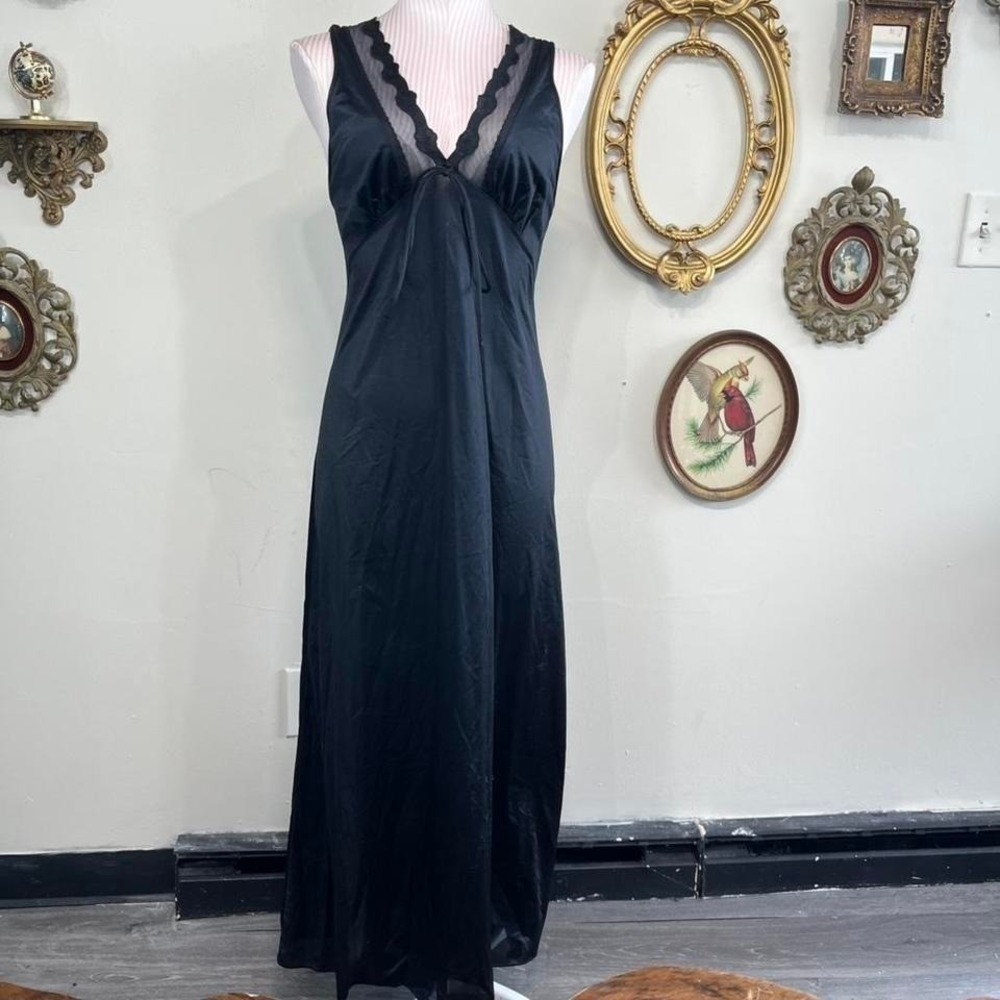 Vintage Gilead Black Nylon Lace Trim Maxi Slip Dress Size Medium USA Made
